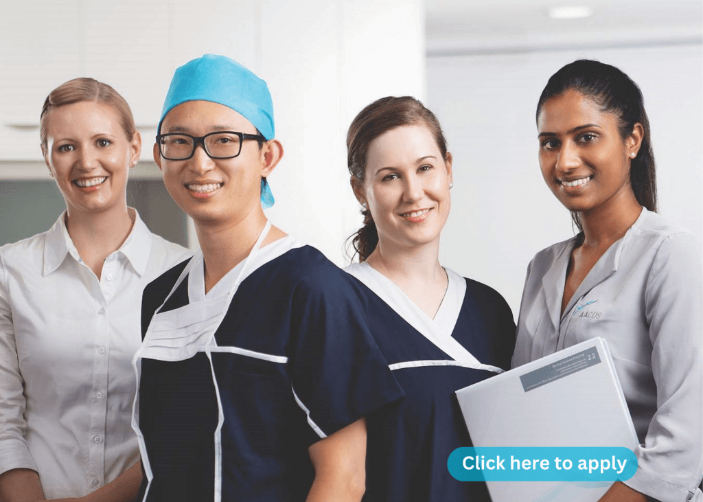 A group of healthcare professionals smiling, including a male in a medical outfit and two women in professional attire, with a 'Click here to apply' button for the cosmetic medicine course