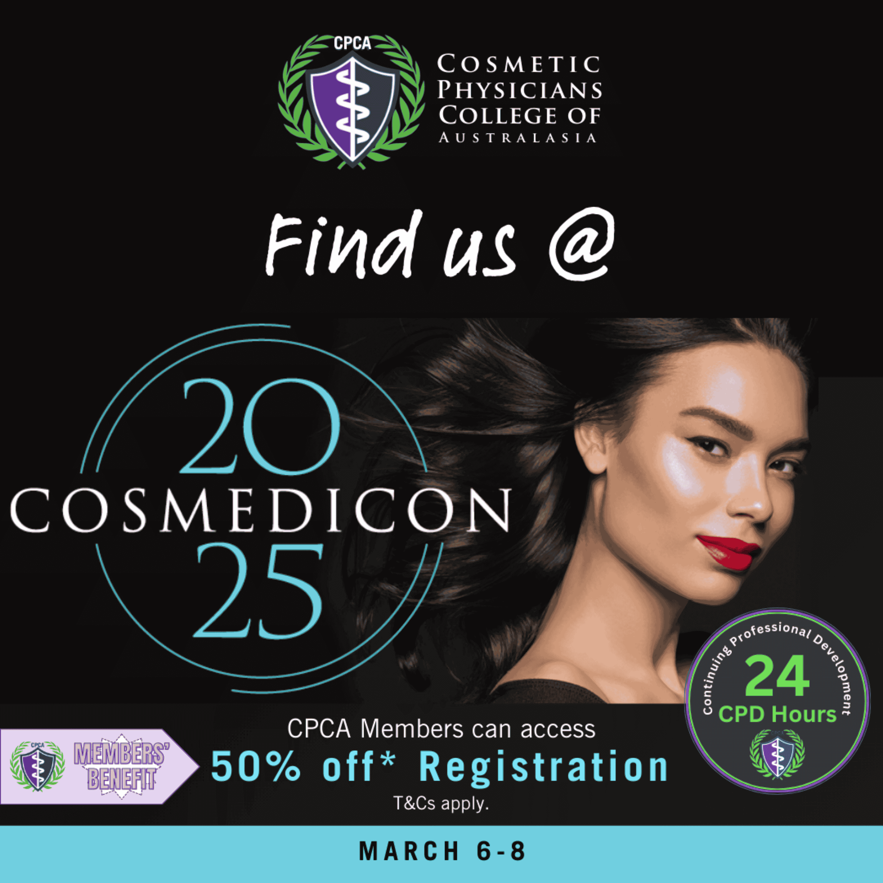 Promotional banner for COSMEDICON 2025 featuring a model with flawless makeup, CPCA branding, and 50% off CPD hours