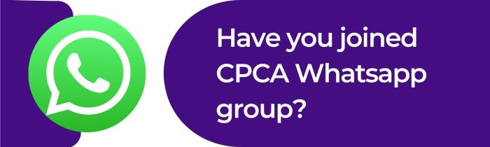 Bold graphic with the WhatsApp logo and the message "Have you joined CPCA Whatsapp group?" on a purple background, promoting community updates in cosmetic medicine