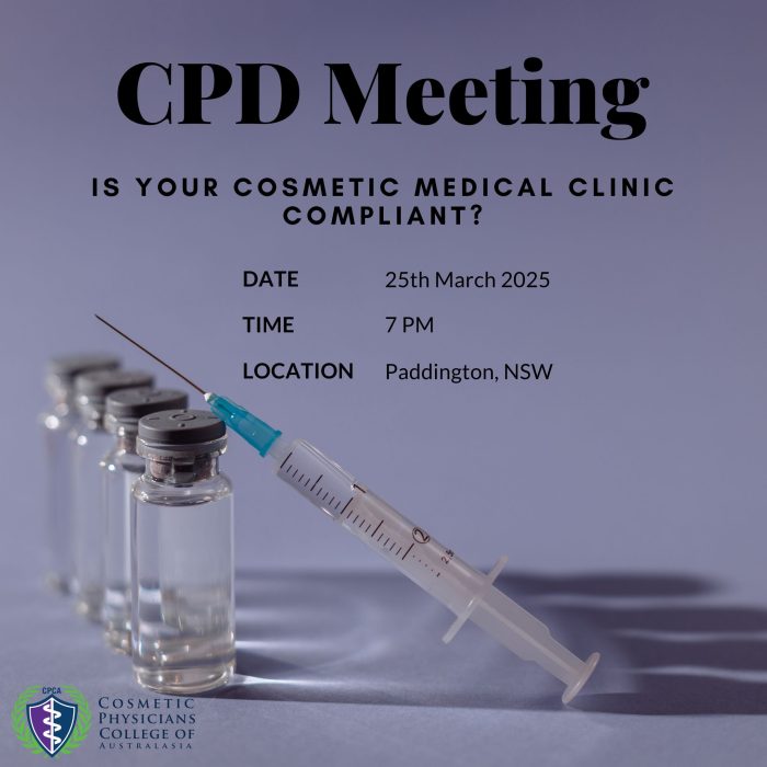 Announcement for a CPD meeting asking "Is your cosmetic medical clinic compliant?" with a syringe and vials in the background, emphasizing regulation updates in cosmetic medicine practices