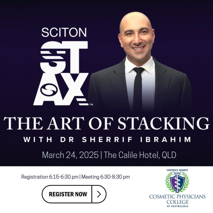 Promotional banner for 'The Art of Stacking' aesthetic education event with Dr. Sherrif Ibrahim, hosted by Sciton at The Calile Hotel, QLD, on March 24, 2025