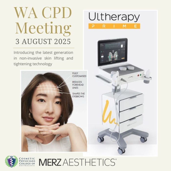 WA CPD Meeting promotion for 3 August 2025, introducing Ultherapy Prime, a non-invasive skin lifting technology, hosted by Merz Aesthetics and CPCA to support aesthetic medicine CPD