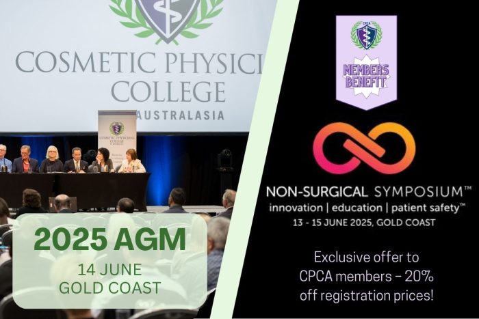 Split graphic showing CPCA’s 2025 AGM panel discussion and Non-Surgical Symposium branding, emphasizing member benefits and education in non-surgical aesthetics