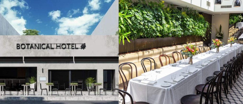 Side-by-side images of the Botanical Hotel’s modern exterior and elegant indoor dining space, a venue for aesthetic medicine education events