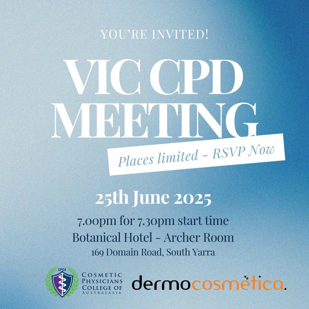 Invitation to VIC CPD aesthetic medicine education meeting at Botanical Hotel on 25 June 2025, with RSVP encouraged due to limited places