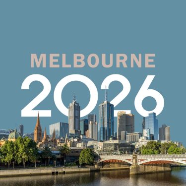 Melbourne city skyline with bold text reading 'Melbourne 2026', promoting the upcoming aesthetics conference in a modern urban setting