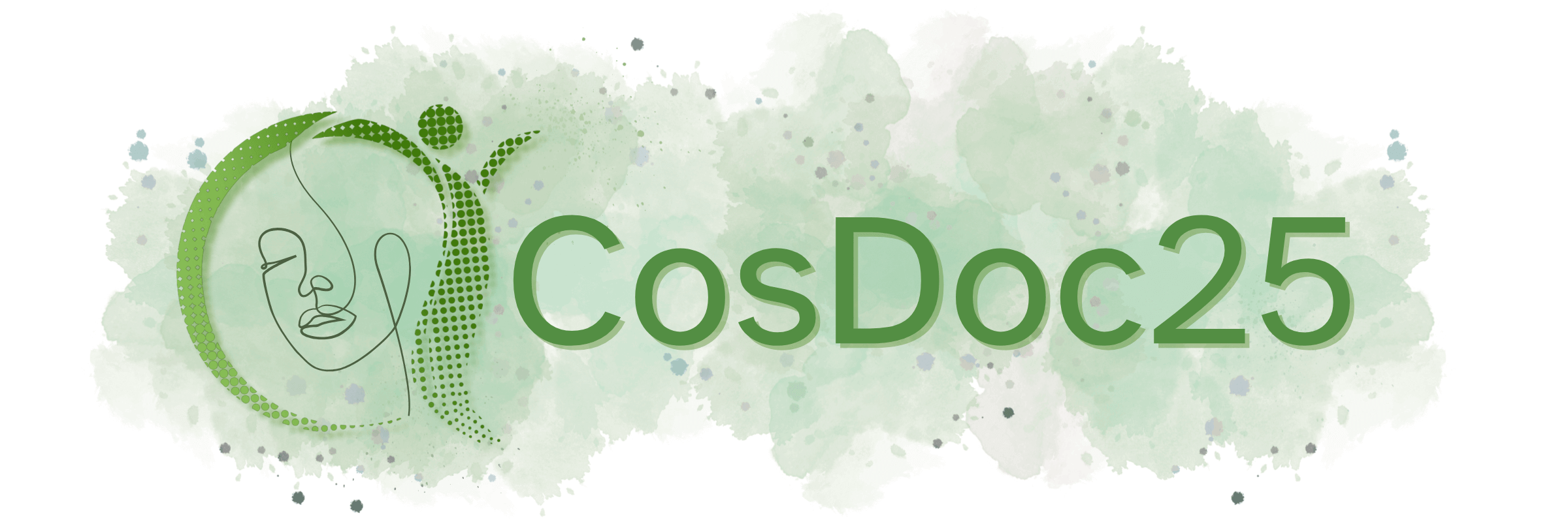 CosDoc25 logo for the upcoming aesthetics conference, with a soft green watercolor splash background and a minimalistic face graphic integrated into the design